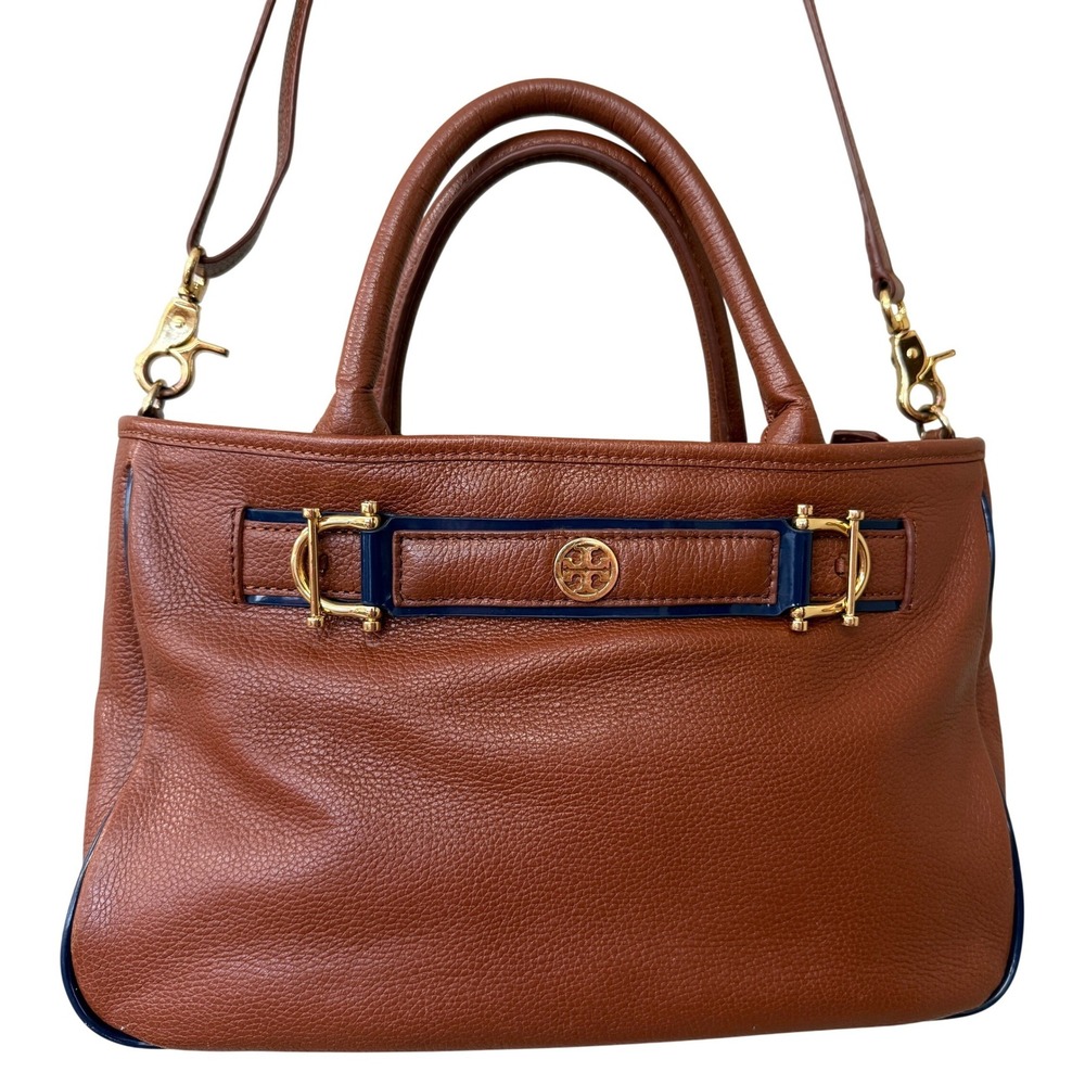 Tory Burch Brown Horsebit Pebbled Leather Satchel Crossbody Bag Navy Trim Gold